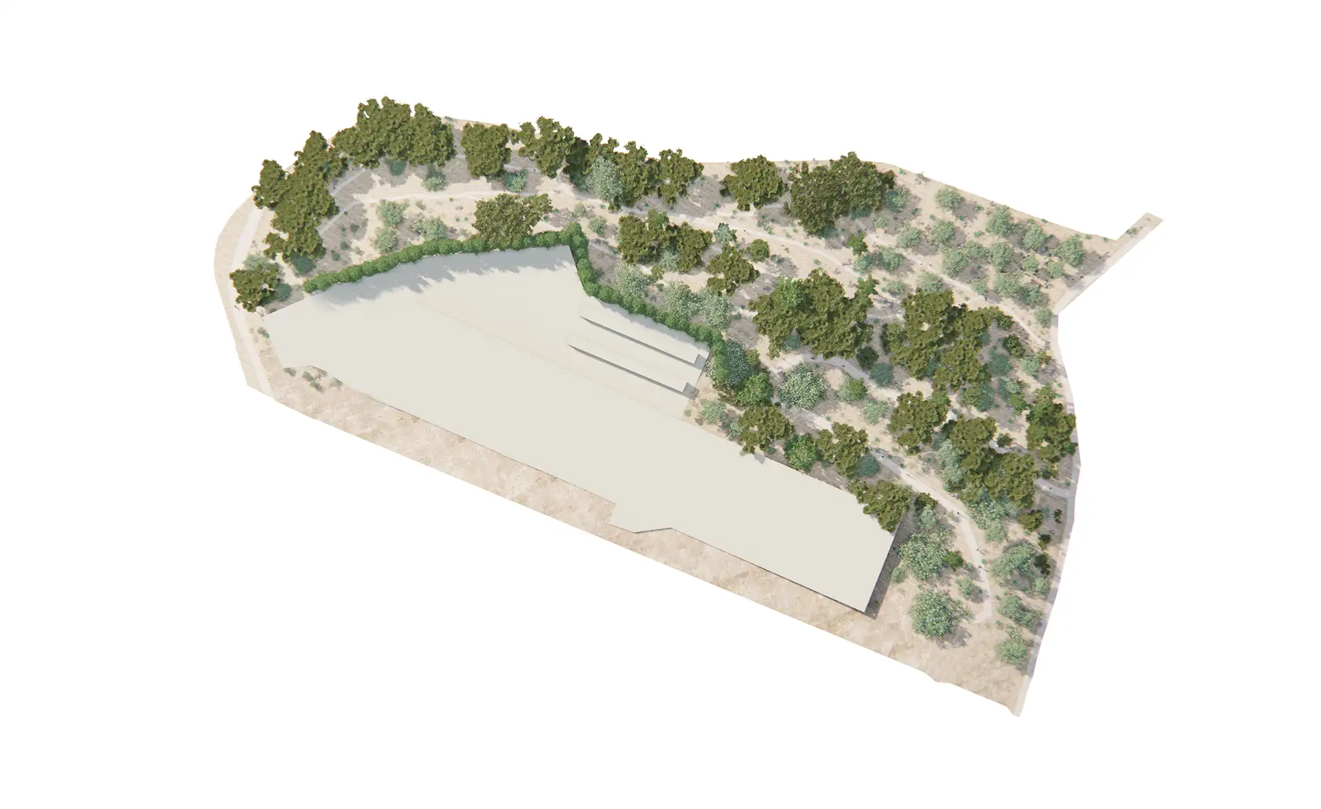 Representación tridimensional de un diseño paisajístico mediterráneo, destacando áreas verdes y caminos delimitados.
