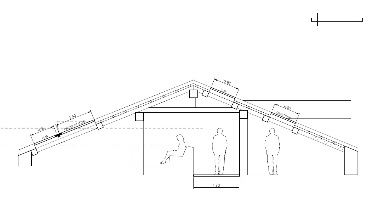 ección transversal del tejado con indicaciones técnicas de dimensiones, pendientes y espacios interiores habitables