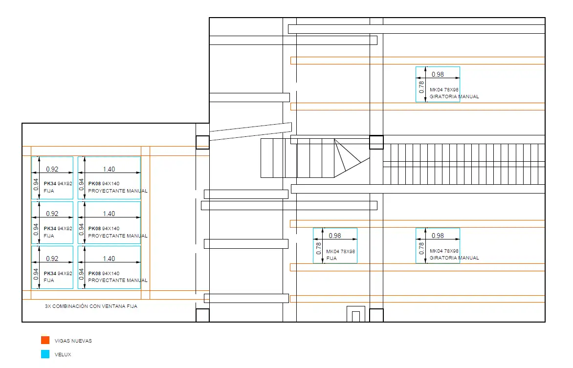 Plano técnico que muestra la distribución de ventanas, vigas nuevas y elementos de iluminación en la planta de la vivienda.