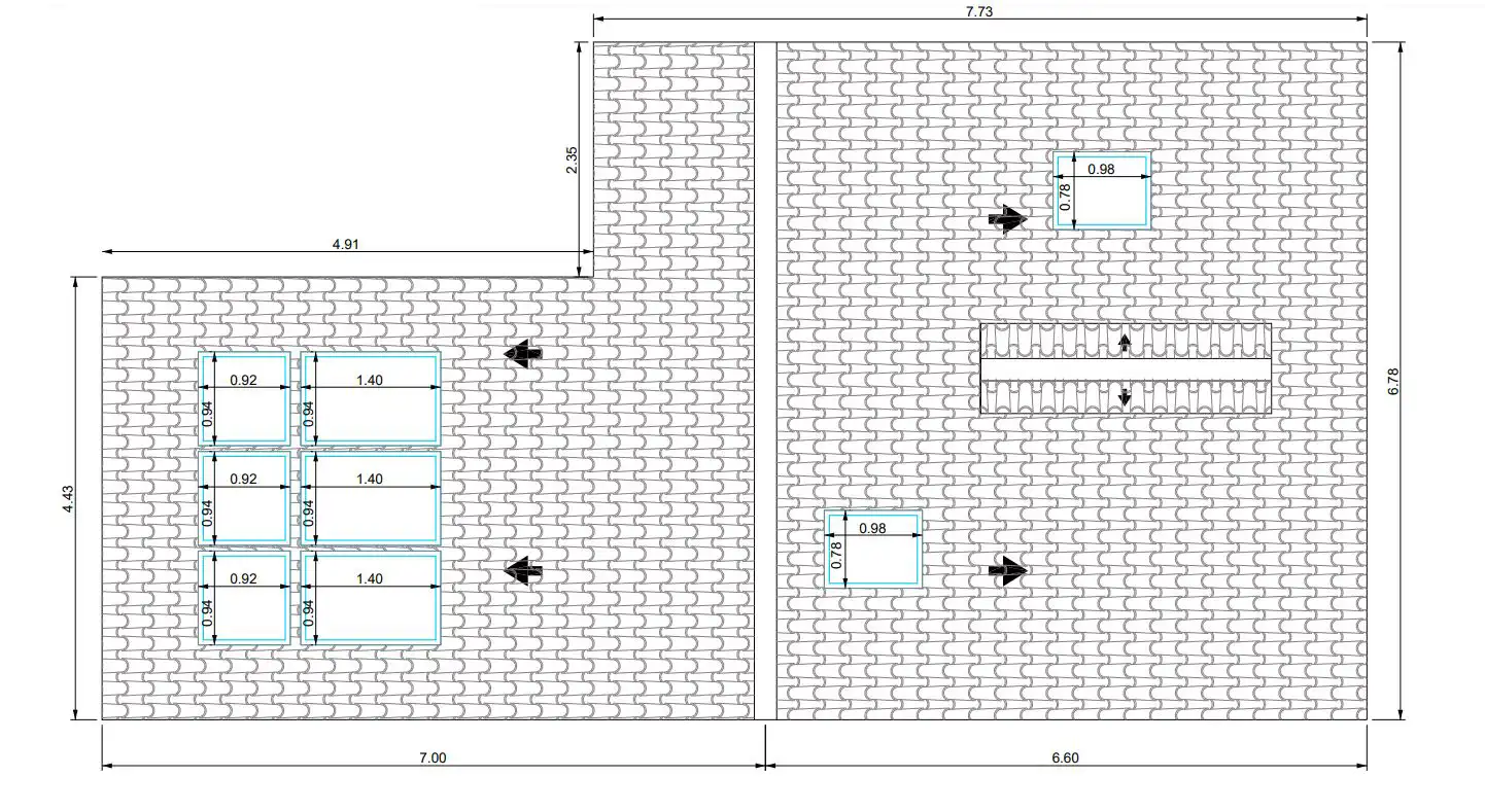 Plano técnico detallado de la cubierta de una vivienda con medidas y disposición de elementos arquitectónicos como ventanas y vigas.