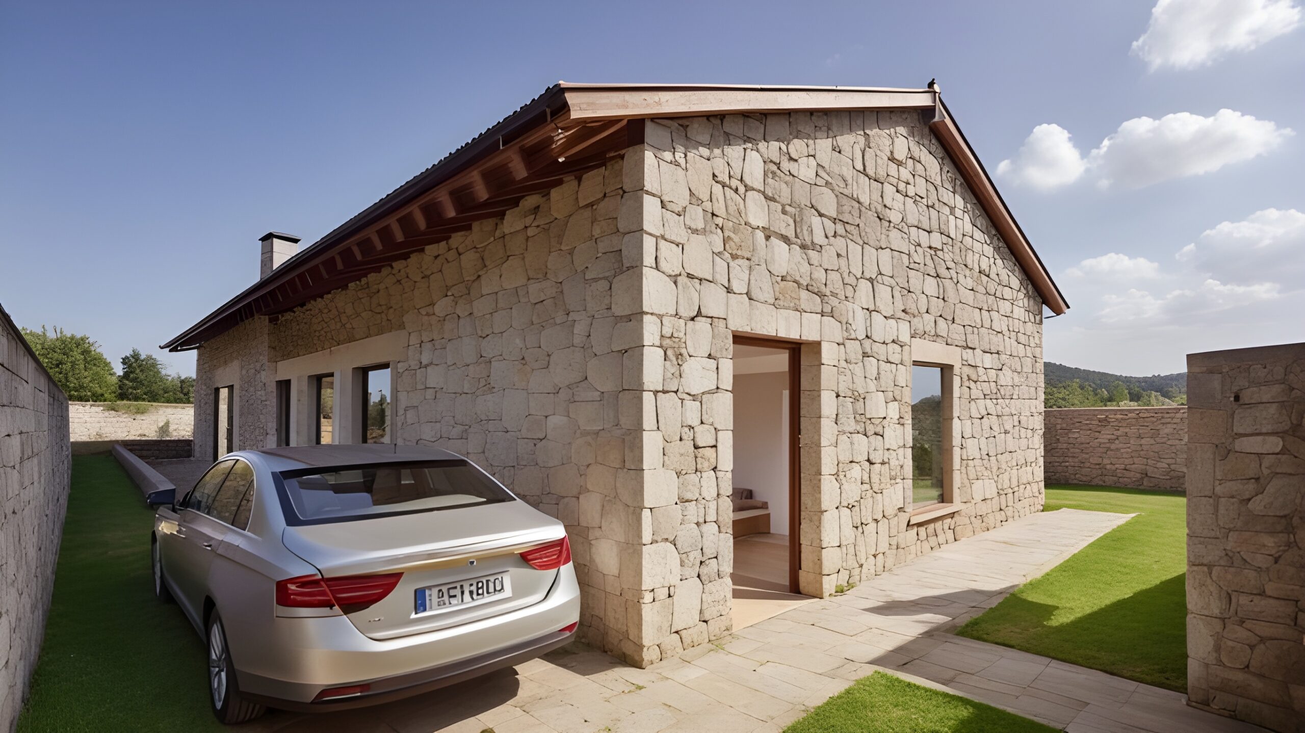 entrada-casa-rural-piedra-arquitecto-segovia-pedraza Entrada principal del chalet de piedra en Arcones, Segovia, con diseño rústico y detalles en piedra natural