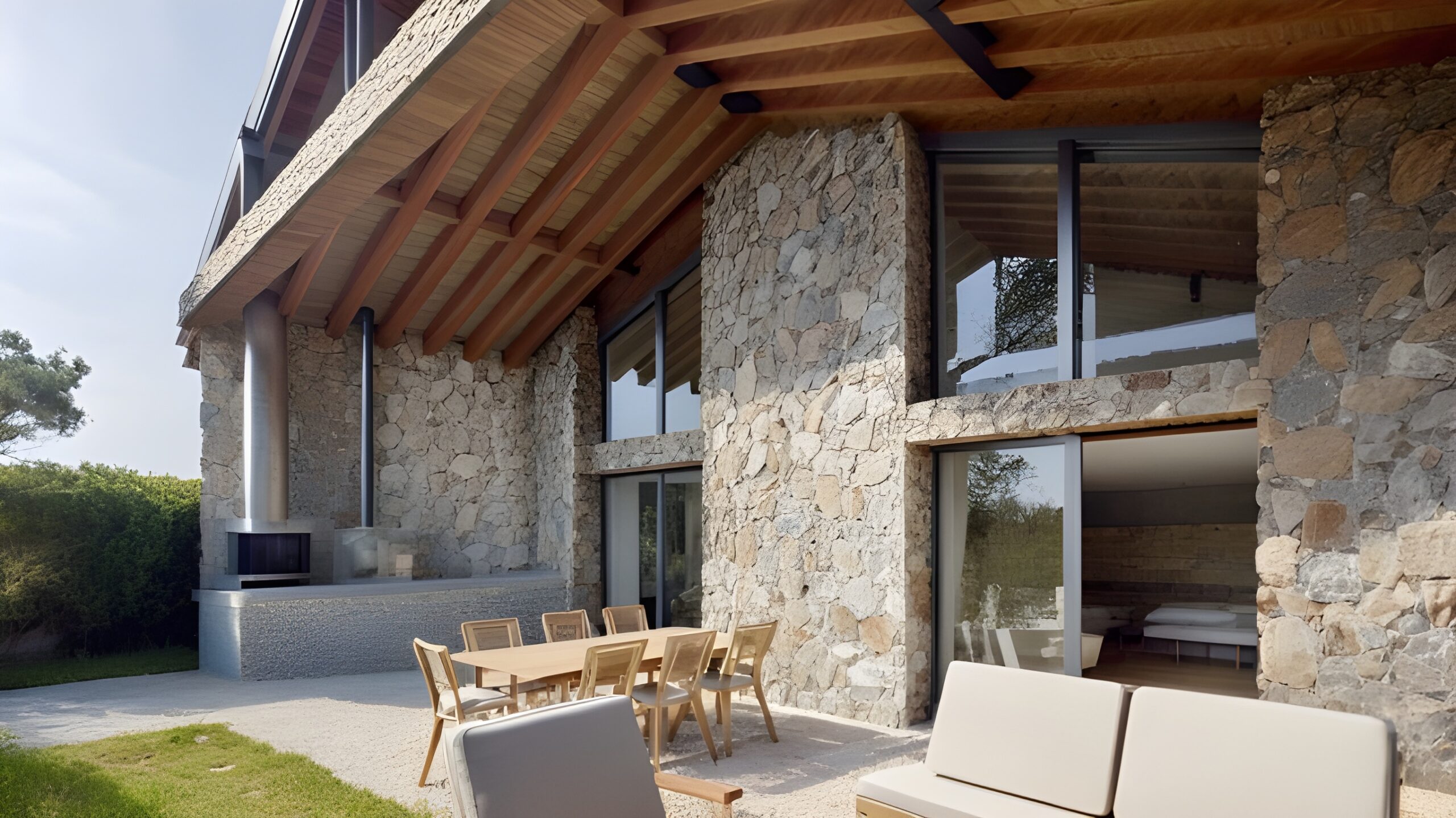 fachada-casa-rural-piedra-pedraza Fachada principal del chalet de piedra y madera en Arcones, Segovia, diseñada por el arquitecto Ignacio Barco, con estilo rústico y moderno