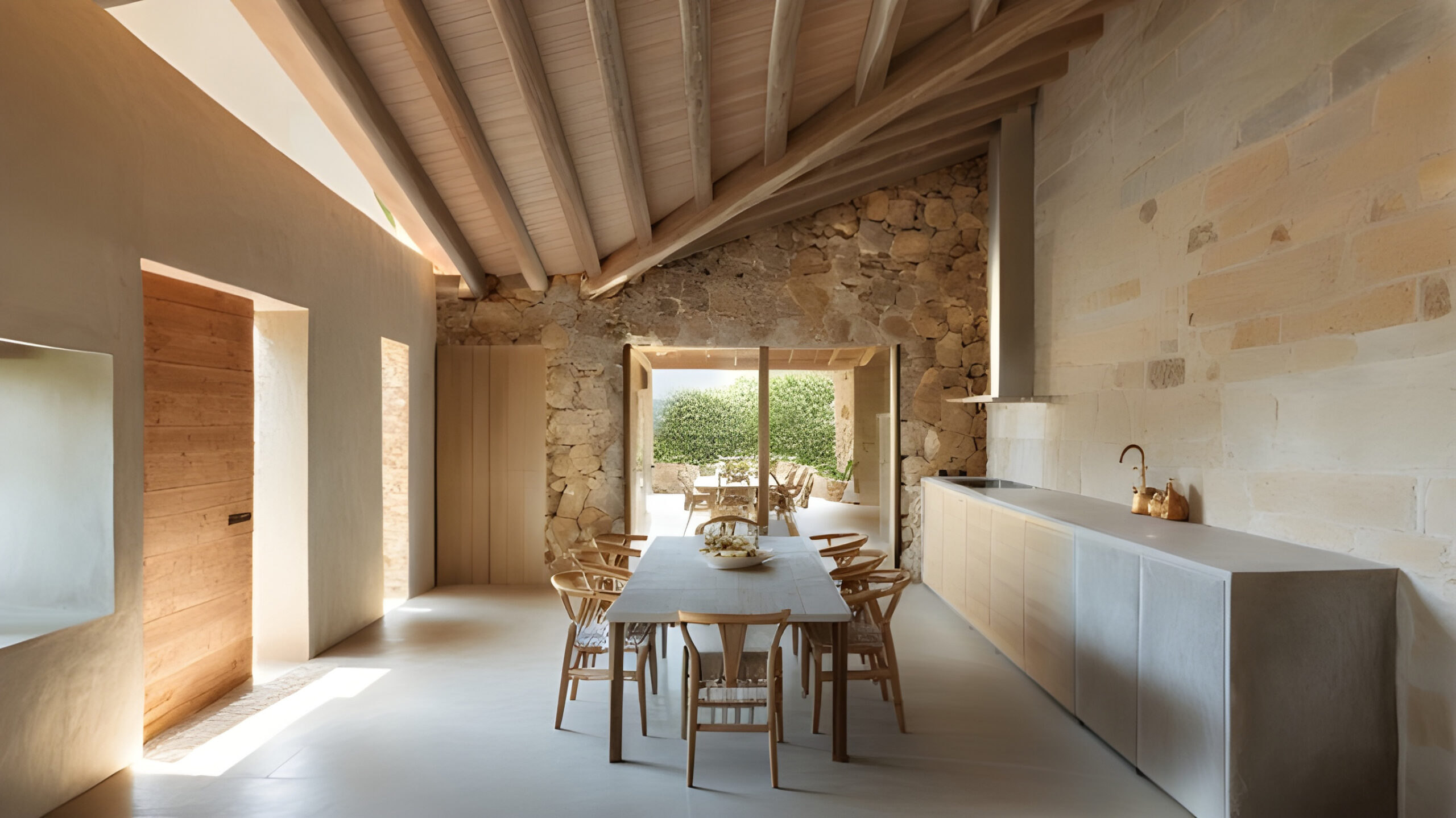 proyecto-cocina-interior-casa-piedra-pedraza Interiores de vivienda adosada, cocina comedor en Arcones, Segovia, diseño moderno con acabados de calidad