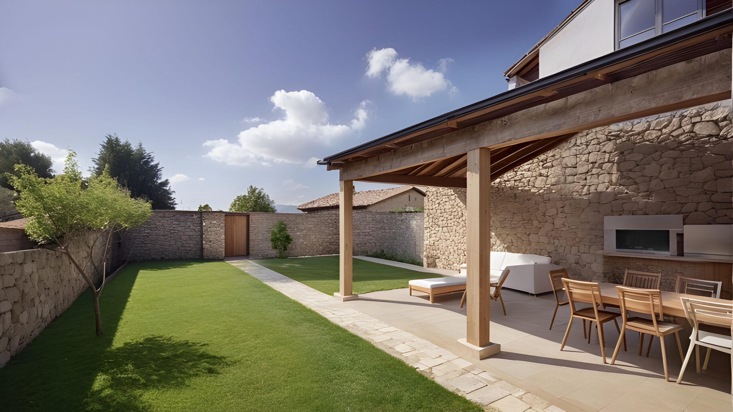 proyecto-vivienda-jardin-arquitecto-segovia-pedraza-arcones- Porche y jardín de la vivienda adosada en Arcones, Segovia, con diseño de exteriores integrado en el paisaje rural