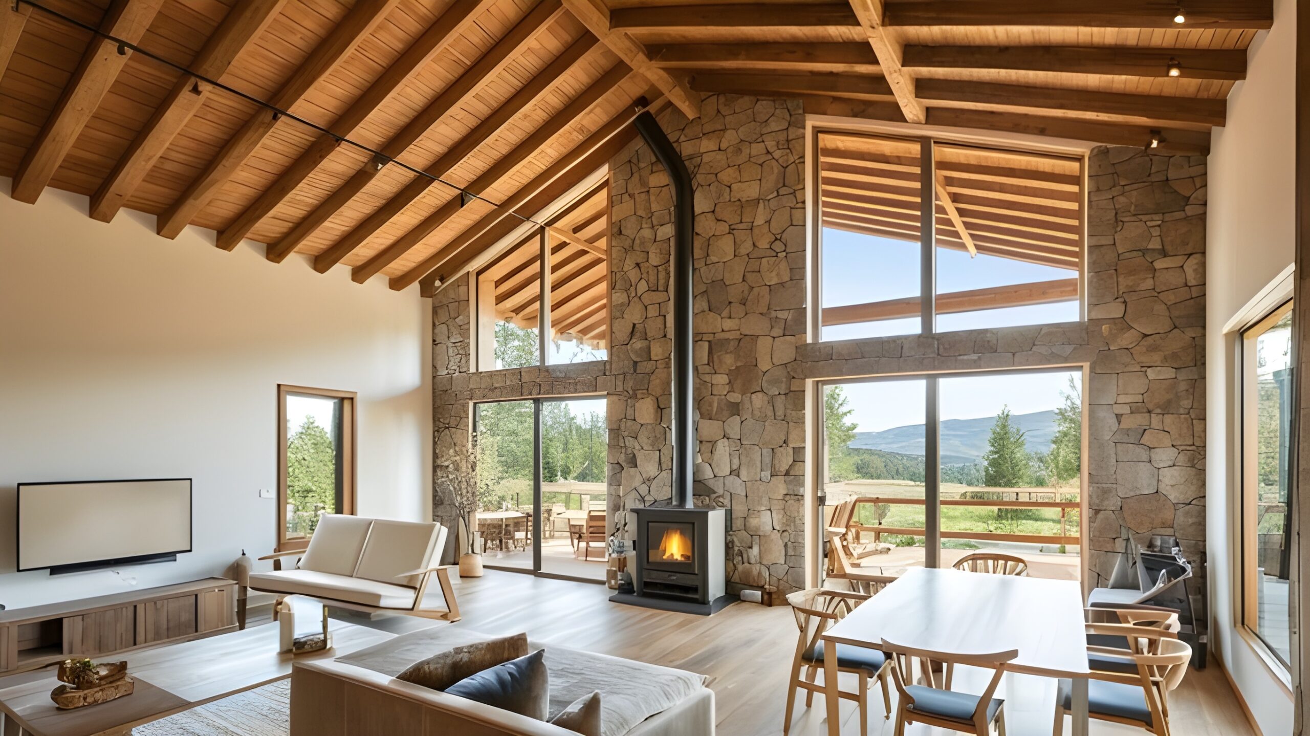 salon-vigas-madera-casa-rural-segovia Salón, cocina y comedor diáfano del chalet de piedra y madera en Arcones, Segovia, con ventanales grandes y chimenea
