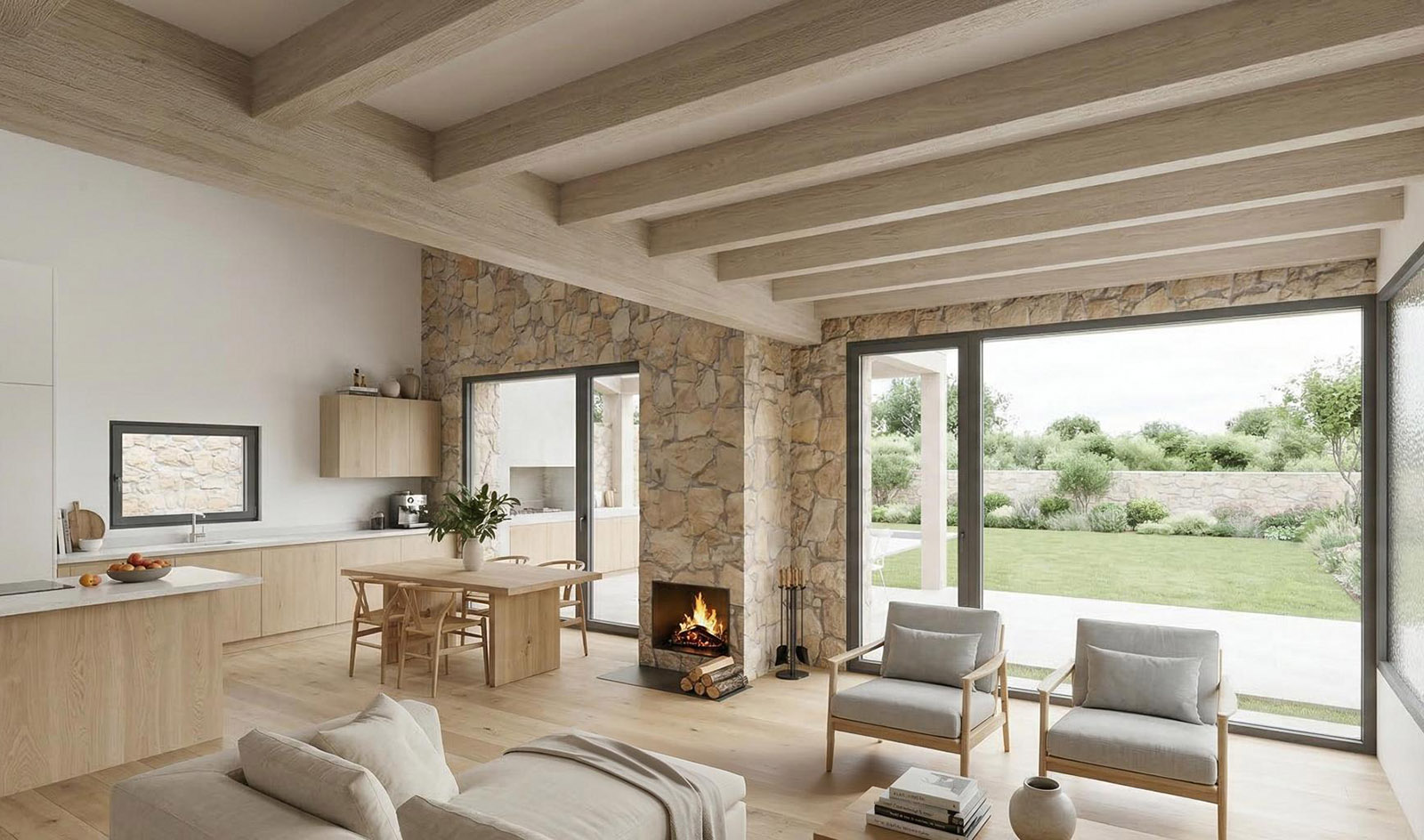 interior-salon-comedor-ignacio-barco-arquitectura-segovia Interior rústico‑moderno con vigas de madera vistas, cocina abierta, comedor y salón con chimenea y grandes ventanales hacia el jardín en castilla y leon